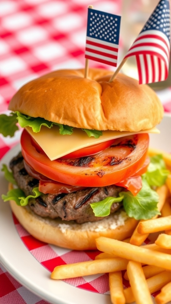 Grilled hamburger with lettuce, tomato, and cheese on a bun, served with fries and a festive table setting.